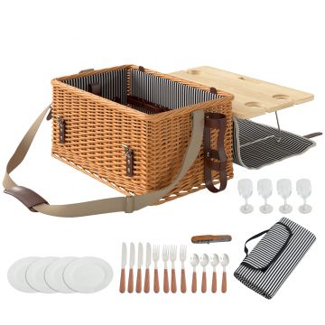 Outsunny Coș Picnic Răchită Bej cu Set | Aosom Romania