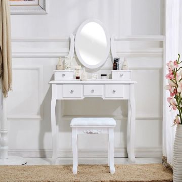 SEA101 - Set Masa alba toaleta, 80 cm, cosmetica machiaj oglinda masuta vanity cu scaun tapitat