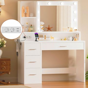SEA227 - Set Masa toaleta, 100 cm, masuta moderna cu Priza si USB, cosmetica machiaj oglinda cu lumini, vanity cu Suport Uscator de Par - Alb