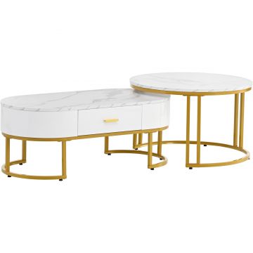 Set de 2 Măsuțe de Cafea Moderne cu Structură din Metal Auriu și Rafturi Spațioase, Dimensiuni 100x48x38,5 cm și 70x70x44,5 cm, Alb