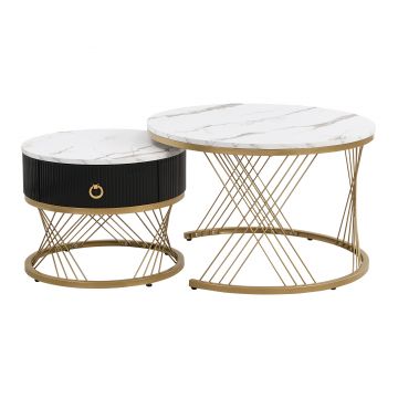 Set de 2 Măsuțe de Cafea Moderne Modulare din Marmură Sintetică cu Detalii Aurii și Sertare, Dimensiuni 70x70x45 cm și 50x50x40 cm, Alb