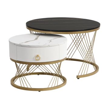 Set de 2 Măsuțe de Cafea Moderne Modulare din Marmură Sintetică cu Detalii Aurii și Sertare, Dimensiuni 70x70x45 cm și 50x50x40 cm, Negru
