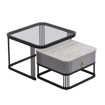 Set de 2 Măsuțe de Cafea Suprapozabile cu Blat din Marmură Lucioasă și Sticlă, Structură din Metal și Sertare, 60x60x42 cm + 50x50x34 cm, Negru