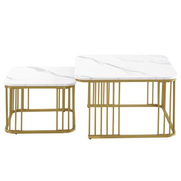 Set de 2 măsuțe pătrate din marmură lucioasă, măsuțe suprapozabile cu picioare aurii, 70×70×45 cm și 50×50×36,5 cm, Alb