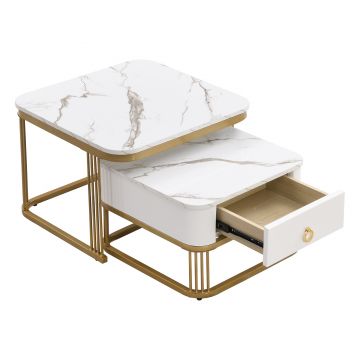 Set de Măsuțe de Cafea Suprapozabile din Marmură Lucioasă cu Detalii Aurii și Sertare, 60x60x45 cm + 50x50x34 cm, Alb