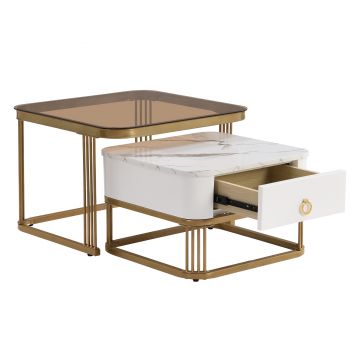 Set de Măsuțe de Cafea Suprapozabile din Marmură Lucioasă și Sticlă cu Detalii Aurii și Sertare, 60x60x42,5 cm + 50x50x34 cm, Alb