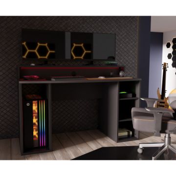 Birou Gaming Trezorio, 2 Rafturi, LED-uri RGB, Negru Mat, 140 Cm