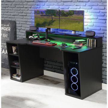 Birou Gaming Trezorio LED-uri RGB, 2 Rafturi, Suport Casti Si Suport Bauturi, Negru Mat,160 Cm