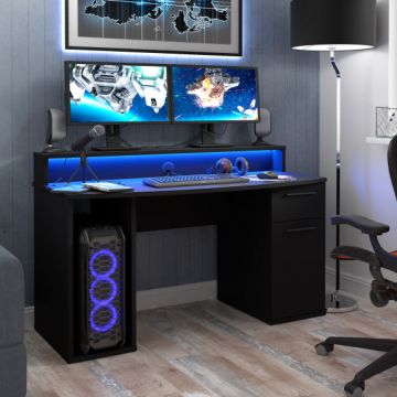 Birou Gaming Trezorio, LED-uri RGB, Negru Mat 140 Cm