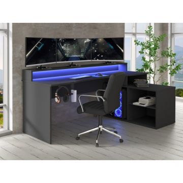 Birou Gaming Trezorio, LED-uri RGB, Suport Casti Si Suport Bauturi, Negru Mat, 200 Cm