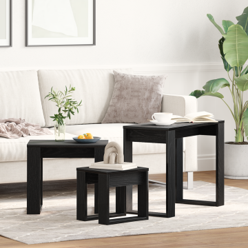 Gossi set de 3 mese stivuibile, stejar negru, lemn prelucrat
