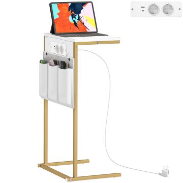 HOMCOM Măsuță de Sufragerie în Formă de C cu Efect de Marmură și Porturi USB, Albă | Aosom Romania