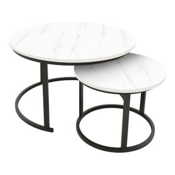 Masa de cafea Revelon, Pako World, MDF, 2 piese, Aspect marmura alba, 80x80x45 cm