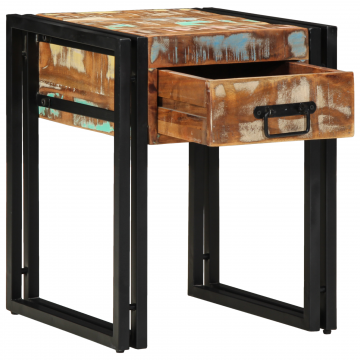 Masa laterala Gossi cu sertar negru 40x40x50 cm din lemn masiv recuperat