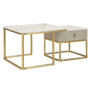 Set 2 masute de cafea Beauty, Mauro Ferretti, 70x70x48 cm, 50x50x43.5 cm, lemn de pin/MDF/metal, crem/auriu