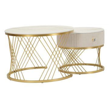 Set 2 masute de cafea Votix, Mauro Ferretti, 70x48 cm, 50x43.5 cm, lemn de pin/MDF/metal, crem/auriu