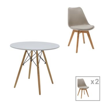 Set dining Julita-Gaston, Pako World, MDF, 3 piese, Gri-Alb-Natural, 80x80x73 cm