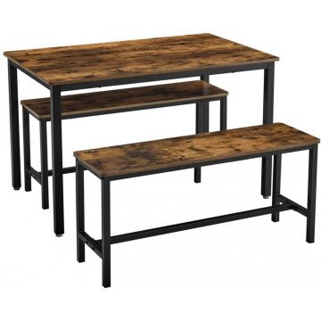 Set Masa si 2 Banci Model Hana, 110x70x75 cm, Maro Rustic/Negru (Copy 1)