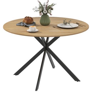 HOMCOM Masă de dining rotundă pentru 4 persoane 120 cm stil industrial cu plank aspect lemn, picioare incrucisate din oțel, stejar | Aosom Romania