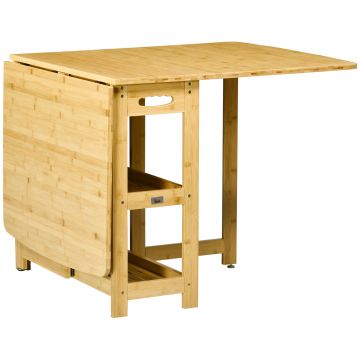 HOMCOM Masă Pliabilă, Masă de Dining, două laturi pliabile, două rafturi, picioare reglabile, bambus, 149,5 x 80 x 73,5 cm | Aosom Romania