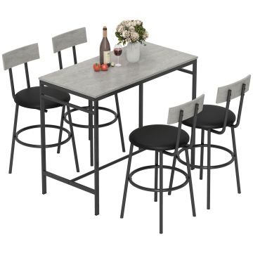 HOMCOM Set cu Masă Înaltă și 4 Scaune de Bar cu Spătar Stil Industrial Gri | Aosom Romania