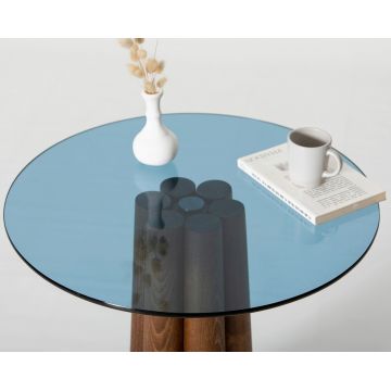 Masuta de cafea, Neostill, Thales Walnut, Albastru, 50x50x50 cm, Sticla temperata, Nuc / Albastru