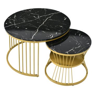 Set de 2 Măsuțe de Cafea Moderne, cu Blat cu Efect de Marmură și Cadru Metalic Auriu, Dimensiuni 70x70x47 cm și 45x45x40 cm, Negru