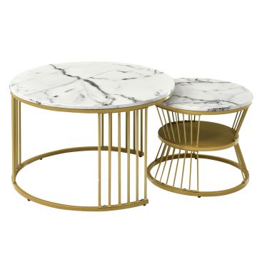 Set de 2 Măsuțe de Cafea Moderne, din MDF cu Finisaj Efect de Marmură și Structură Metalică Aurie, 70x70x47 cm și 45x45x40 cm, Alb