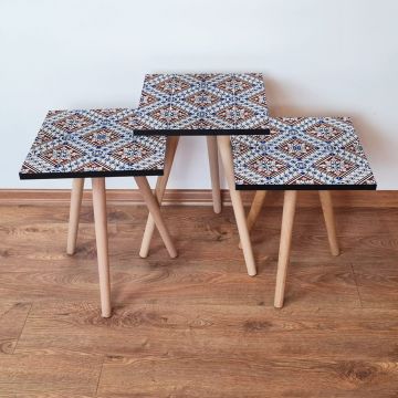 Set masute 3 piese, Leona, 3Shp32, Albastru marin / Albastru / Roșu bordeaux