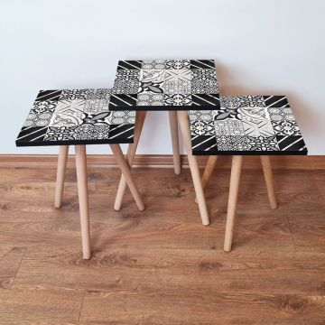 Set masute 3 piese, Leona, 3Shp384, Negru / Alb / Auriu