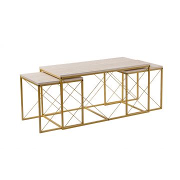 Set masute de cafea, Hanah Home, panou de particule melaminat, auriu travertin, 100x50x52 cm + 45x45x52 cm