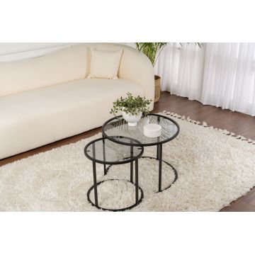 Set masute de cafea, Hanah Home, sticla securizata si metal, negru, 60x42 cm