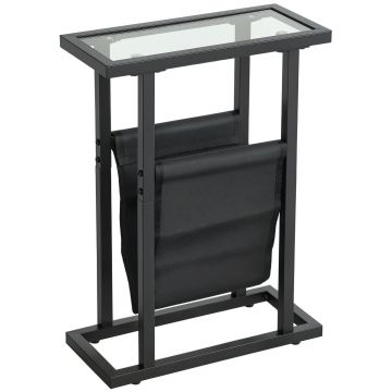 HOMCOM Masă auxiliară îngustă, colț de canapea din metal cu suport pentru reviste și blat din sticlă temperată, 40 x 18 x 55,5 cm, negru | Aosom Romania