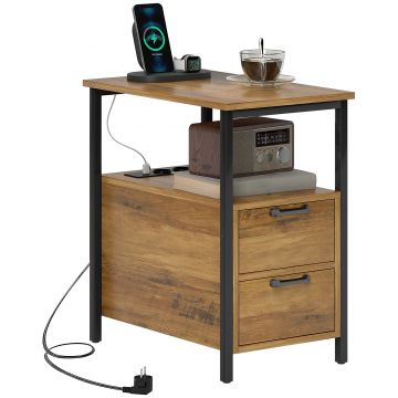 HOMCOM Masa auxiliară masa de noapte cu 2 prize port USB 1 priză tip C cablu de 143 cm sertare și raft lemn natural | Aosom Romania