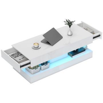 HOMCOM Masa de cafea cu sertare și lumini LED, masă laterală modernă cu raft deschis, masă de cafea, placaj, Alb | Aosom Romania