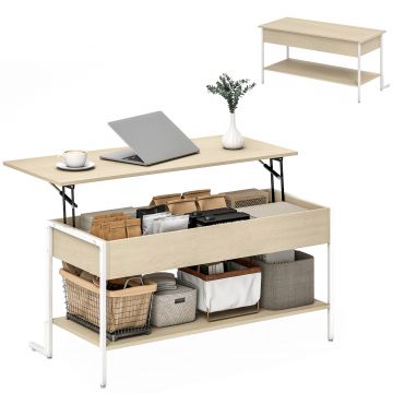 HOMCOM Masă de Cafea Extensibilă cu Închidere Blândă Spațiu Ascuns de Depozitare și Raft Deschis 95x40x59 cm Lemn Natural și Alb | Aosom Romania