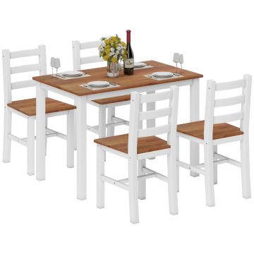 HOMCOM Set de masă, masă de cină, 4 scaune, set de dining, pin, maro + alb | Aosom Romania