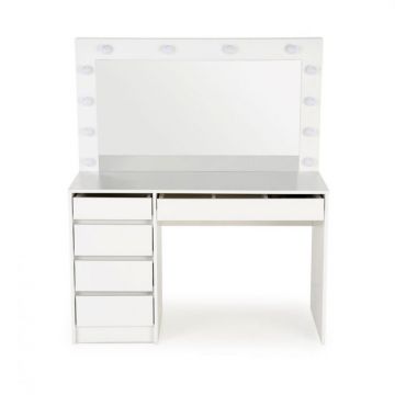 Masuta de toaleta HOLLYWOOD, 5 sertare, cu oglinda si iluminare LED, alb, 120x55x140 cm