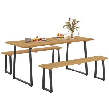 Outsunny Grup de mobilier din 3 piese din lemn pentru 6 persoane Masă de bucătărie cu 2 bănci Orificiu pentru umbrelă Masă din lemn 178 x 76 x 77 cm Lemn natural | Aosom Romania