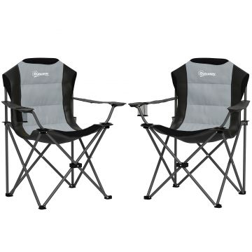 Outsunny Lot de 2 scaune pliante camping rembursate cu spătar înalt cu suport pentru pahar, greutate 120 kg, gri închis | Aosom Romania