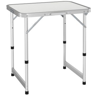 Outsunny Masă de Camping Pliabilă, Masă Universală, Masă de Transport pentru Grădină, Masă Pliabilă Reglabilă, Aluminiu + MDF Alb 60 x 45 x 47,5/64 cm | Aosom Romania