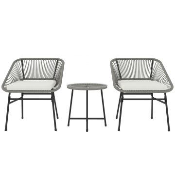 Outsunny Set de mobilier de exterior cu 3 piese, 1 masă, 2 scaune, Împletitură de ratan, Cadru din oțel, Masă de cafea cu blat de sticlă, Gri închis | Aosom Romania