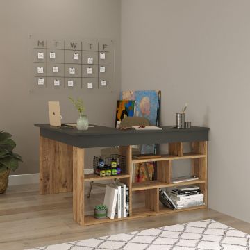 Birou Zellow Tip L cu Rafturi, 129x72x120 cm