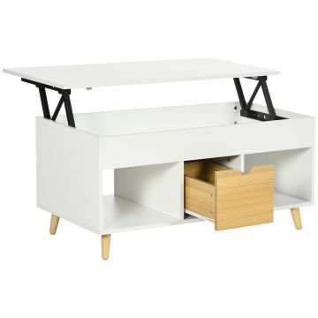 HOMCOM Masă de cafea rectangulară cu blat rabatabil 1 sertar, 2 rafturi și cutie - din lemn aspect lemn deschis și alb | Aosom Romania