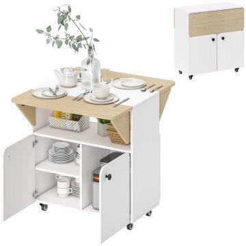 HOMCOM Masa de Dining Pliabilă cu Dulap pe Role, două părți pliabile ale mesei, Dulap, 4 Roți, Alb+Lemn natural, 70 x 83 x 75 cm | Aosom Romania