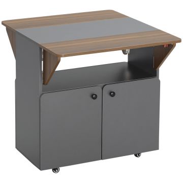 HOMCOM Masă Pliabilă cu Dulap, două părți pliabile la masă, dulap cu rafturi, 4 roți, Gri deschis+Maro închis, 70 x 83 x 75cm | Aosom Romania