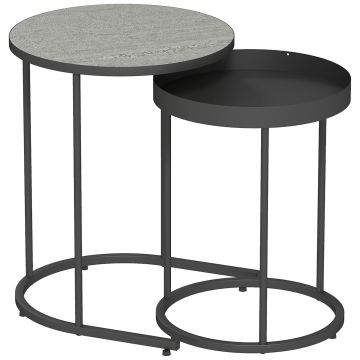 HOMCOM Set de 2 Măsuțe de Cafea în Stil Industrial, din Lemn și Metal, Ø42x54 cm și Ø36.5x48.5 cm, Gri și Negru | Aosom Romania