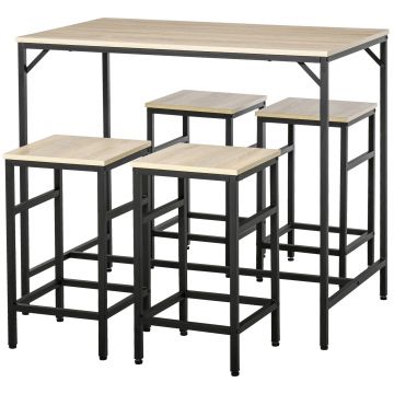 HOMCOM Set Masă de Bar Industrial + 4 taburete cu suport pentru picioare din lemn culoare Stejar Deschis Cadrul negru metalic | Aosom Romania