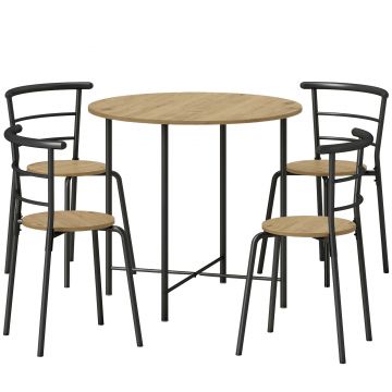 HOMCOM Set Masă Rotundă de Dining cu 4 Scaune Economisitor de Spațiu în Lemn și Metal Stil Industrial | Aosom Romania