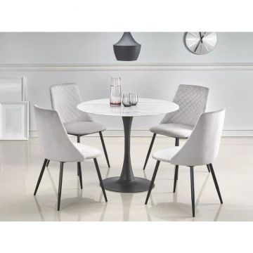 Masă Ambrosio rotundă, blat sticlă marmură albă, structură oțel vopsit, diametru 90x72 cm, alb